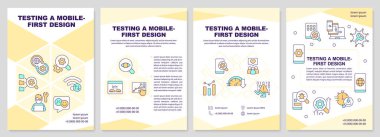 Testing mobile first design yellow brochure template. Leaflet design with linear icons. Editable 4 vector layouts for presentation, annual reports. Arial-Black, Myriad Pro-Regular fonts used