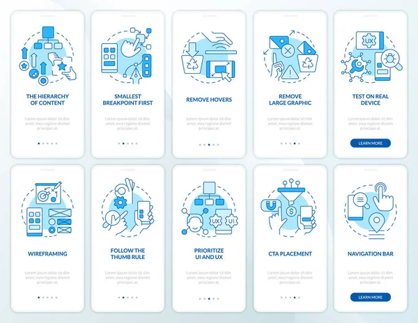 Mobile first design blue onboarding mobile app screen set. Walkthrough 5 steps editable graphic instructions with linear concepts. UI, UX, GUI template. Myriad Pro-Bold, Regular fonts used