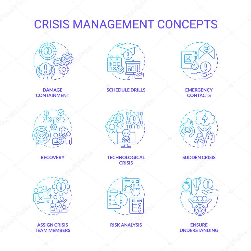 Crisis management blue gradient concept icons set. Preventive measures. Risk control idea thin line color illustrations. Isolated symbols. Roboto-Medium, Myriad Pro-Bold fonts used