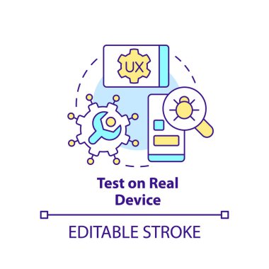 Test on real device concept icon. Errors research. Mobile first design process abstract idea thin line illustration. Isolated outline drawing. Editable stroke. Arial, Myriad Pro-Bold fonts used