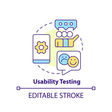 Usability testing concept icon. Users feedback. Mobile first design testing abstract idea thin line illustration. Isolated outline drawing. Editable stroke. Arial, Myriad Pro-Bold fonts used