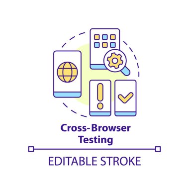 Cross browser testing concept icon. Different browsers. Mobile first design testing abstract idea thin line illustration. Isolated outline drawing. Editable stroke. Arial, Myriad Pro-Bold fonts used