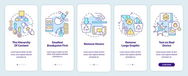 Mobile first design process onboarding mobile app screen. Walkthrough 5 steps editable graphic instructions with linear concepts. UI, UX, GUI template. Myriad Pro-Bold, Regular fonts used