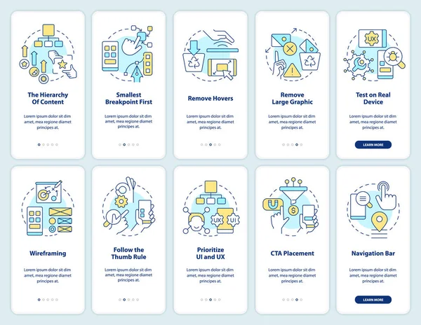 stock vector Mobile first design onboarding mobile app screen set. Walkthrough 5 steps editable graphic instructions with linear concepts. UI, UX, GUI template. Myriad Pro-Bold, Regular fonts used