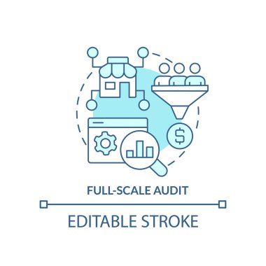 Full scale audit turquoise concept icon. Online shop management service abstract idea thin line illustration. Isolated outline drawing. Editable stroke. Arial, Myriad Pro-Bold fonts used