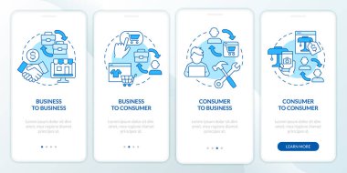 Online business models blue onboarding mobile app screen. Walkthrough 4 steps editable graphic instructions with linear concepts. UI, UX, GUI template. Myriad Pro-Bold, Regular fonts used