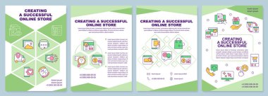 Creating successful online store green brochure template. Leaflet design with linear icons. Editable 4 vector layouts for presentation, annual reports. Arial-Black, Myriad Pro-Regular fonts used