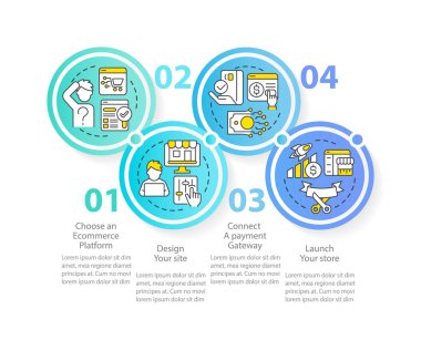 Starting online store blue circle infographic template. Data visualization with 4 steps. Editable timeline info chart. Workflow layout with line icons. Myriad Pro-Regular font used
