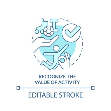 Recognize value of activity turquoise concept icon. Exercises for mental health abstract idea thin line illustration. Isolated outline drawing. Editable stroke. Arial, Myriad Pro-Bold fonts used