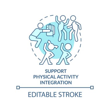 Support physical activity integration turquoise concept icon. School preparedness abstract idea thin line illustration. Isolated outline drawing. Editable stroke. Arial, Myriad Pro-Bold fonts used