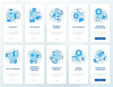 Student mental health awareness blue onboarding mobile app screen set. Walkthrough 5 steps editable graphic instructions with linear concepts. UI, UX, GUI template. Myriad Pro-Bold, Regular fonts used