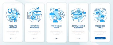 Increase school lunch participation blue onboarding mobile app screen. Walkthrough 5 steps editable graphic instruction with linear concepts. UI, UX, GUI template. Myriad Pro-Bold, Regular fonts used