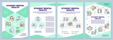 Student mental health mint brochure template. School counselor. Leaflet design with linear icons. Editable 4 vector layouts for presentation, annual reports. Arial-Black, Myriad Pro-Regular fonts used