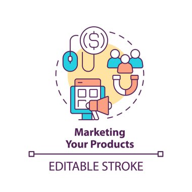 Marketing your products concept icon. Starting ecommerce business step abstract idea thin line illustration. Isolated outline drawing. Editable stroke. Arial, Myriad Pro-Bold fonts used
