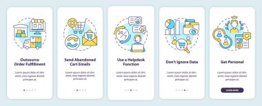 Online store management tips onboarding mobile app screen. Walkthrough 5 steps editable graphic instructions with linear concepts. UI, UX, GUI template. Myriad Pro-Bold, Regular fonts used