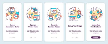 Starting ecommerce business steps onboarding mobile app screen. Walkthrough 5 steps editable graphic instructions with linear concepts. UI, UX, GUI template. Myriad Pro-Bold, Regular fonts used