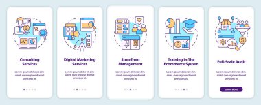 Online shop management services onboarding mobile app screen. Walkthrough 5 steps editable graphic instructions with linear concepts. UI, UX, GUI template. Myriad Pro-Bold, Regular fonts used