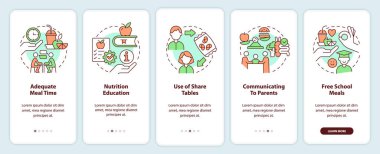 School nutrition for better mental health onboarding mobile app screen. Walkthrough 5 steps editable graphic instruction with linear concepts. UI, UX, GUI template. Myriad Pro-Bold, Regular fonts used