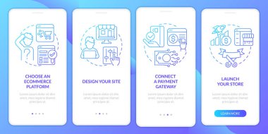 Starting online store blue gradient onboarding mobile app screen. Walkthrough 4 steps graphic instructions with linear concepts. UI, UX, GUI template. Myriad Pro-Bold, Regular fonts used