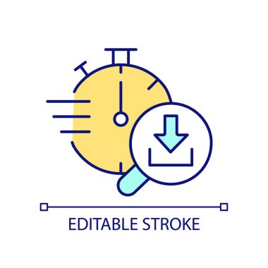 Downloading speed RGB color icon. Internet connection check. Testing loading time. Timer and loupe. Isolated vector illustration. Simple filled line drawing. Editable stroke. Arial font used