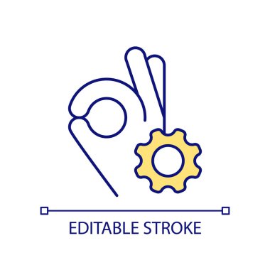 System optimization RGB color icon. Process adjustment. Regulate and change. Hand gesture and cogwheel. Isolated vector illustration. Simple filled line drawing. Editable stroke. Arial font used