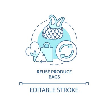 Reuse produce bags turquoise concept icon. Zero waste shopping abstract idea thin line illustration. Reusable tote bags. Isolated outline drawing. Editable stroke. Arial, Myriad Pro-Bold fonts used