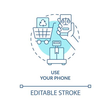 Use phone turquoise concept icon. Reduce waste while shopping abstract idea thin line illustration. Record weights. Isolated outline drawing. Editable stroke. Arial, Myriad Pro-Bold fonts used