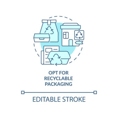 Opt for recyclable packaging turquoise concept icon. Zero waste shopping abstract idea thin line illustration. Isolated outline drawing. Editable stroke. Arial, Myriad Pro-Bold fonts used