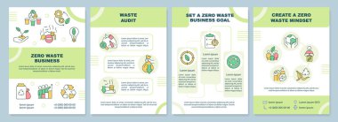 Zero waste business principles green brochure template. Audit. Leaflet design with linear icons. Editable 4 vector layouts for presentation, annual reports. Arial-Black, Myriad Pro-Regular fonts used