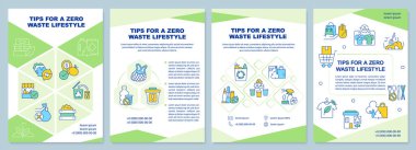 Tips for zero waste lifestyle green brochure template. Leaflet design with linear icons. Editable 4 vector layouts for presentation, annual reports. Arial-Black, Myriad Pro-Regular fonts used