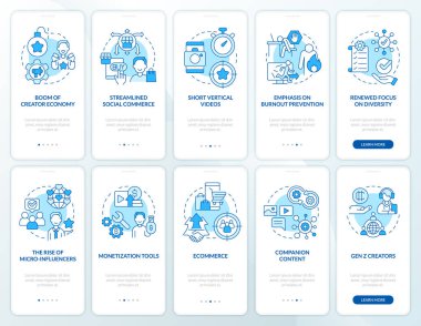 Creator economy blue onboarding mobile app screen set. Social media walkthrough 5 steps editable graphic instructions with linear concepts. UI, UX, GUI template. Myriad Pro-Bold, Regular fonts used