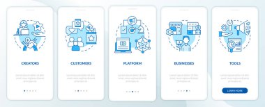 Creator economy stakeholders blue onboarding mobile app screen. Walkthrough 5 steps editable graphic instructions with linear concepts. UI, UX, GUI template. Myriad Pro-Bold, Regular fonts used