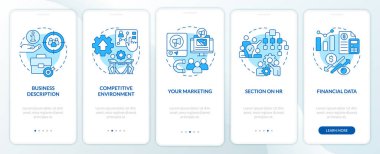 Advantages of business planning blue onboarding mobile app screen. Walkthrough 5 steps editable graphic instructions with linear concepts. UI, UX, GUI template. Myriad Pro-Bold, Regular fonts used