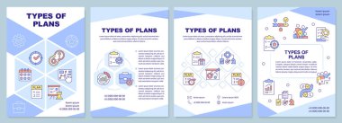 Types of plans purple brochure template. Business strategy. Leaflet design with linear icons. Editable 4 vector layouts for presentation, annual reports. Arial-Black, Myriad Pro-Regular fonts used