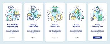 Zero waste business onboarding mobile app screen. Reduce paper use walkthrough 5 steps editable graphic instructions with linear concepts. UI, UX, GUI template. Myriad Pro-Bold, Regular fonts used