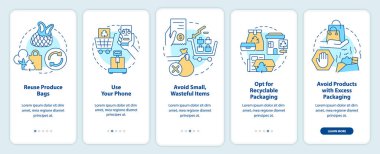 Zero waste shopping onboarding mobile app screen. Reuse produce bags walkthrough 5 steps editable graphic instructions with linear concepts. UI, UX, GUI template. Myriad Pro-Bold, Regular fonts used