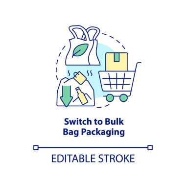 Switch to bulk bag packaging concept icon. Zero waste business abstract idea thin line illustration. Reduce cardboard. Isolated outline drawing. Editable stroke. Arial, Myriad Pro-Bold fonts used