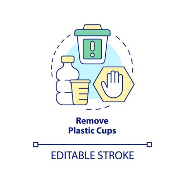 Remove plastic cups concept icon. Move company to zero waste abstract idea thin line illustration. Environmental impact. Isolated outline drawing. Editable stroke. Arial, Myriad Pro-Bold fonts used