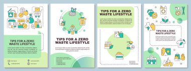 Living zero waste life advices green brochure template. Leaflet design with linear icons. Editable 4 vector layouts for presentation, annual reports. Arial-Bold, Myriad Pro-Regular fonts used