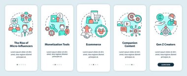 Creator economy trends onboarding mobile app screen. Walkthrough 5 steps editable graphic instructions with linear concepts. UI, UX, GUI template. Myriad Pro-Bold, Regular fonts used