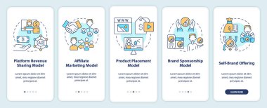Creator business models onboarding mobile app screen. Marketing walkthrough 5 steps editable graphic instructions with linear concepts. UI, UX, GUI template. Myriad Pro-Bold, Regular fonts used
