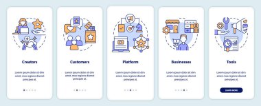 Creator economy stakeholders onboarding mobile app screen. Walkthrough 5 steps editable graphic instructions with linear concepts. UI, UX, GUI template. Myriad Pro-Bold, Regular fonts used