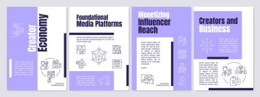 Creator economy history purple brochure template. Content making. Leaflet design with linear icons. Editable 4 vector layouts for presentation, annual reports. Anton, Lato-Regular fonts used