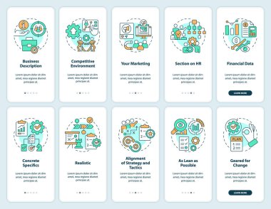Business planning success onboarding mobile app screen set. Walkthrough 5 steps editable graphic instructions with linear concepts. UI, UX, GUI template. Myriad Pro-Bold, Regular fonts used
