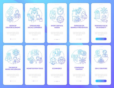 Creator economy blue gradient onboarding mobile app screen set. Social media walkthrough 5 steps graphic instructions with linear concepts. UI, UX, GUI template. Myriad Pro-Bold, Regular fonts used