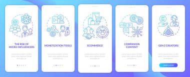 Creator economy trends blue gradient onboarding mobile app screen. Walkthrough 5 steps graphic instructions with linear concepts. UI, UX, GUI template. Myriad Pro-Bold, Regular fonts used