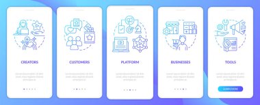 Creator economy stakeholders blue gradient onboarding mobile app screen. Walkthrough 5 steps graphic instructions with linear concepts. UI, UX, GUI template. Myriad Pro-Bold, Regular fonts used