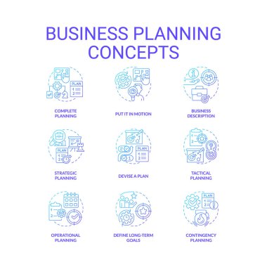 Business planning blue gradient concept icons set. Building development strategy. Management idea thin line color illustrations. Isolated symbols. Roboto-Medium, Myriad Pro-Bold fonts used