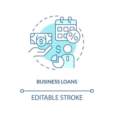 Business loans turquoise concept icon. Finances for new project. Corporate banking abstract idea thin line illustration. Isolated outline drawing. Editable stroke. Arial, Myriad Pro-Bold fonts used
