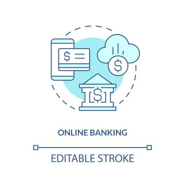 Online banking turquoise concept icon. Virtual access to account. Digitalization abstract idea thin line illustration. Isolated outline drawing. Editable stroke. Arial, Myriad Pro-Bold fonts used